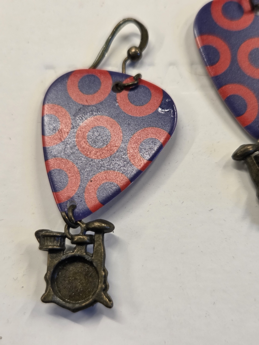 Phish Donut Guitar Pick Dangle Earrings with Drum Charms - Blue & Red - Picture 3 of 5